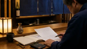 居酒屋のカウンターで閉店前に売却資料を確認する店主