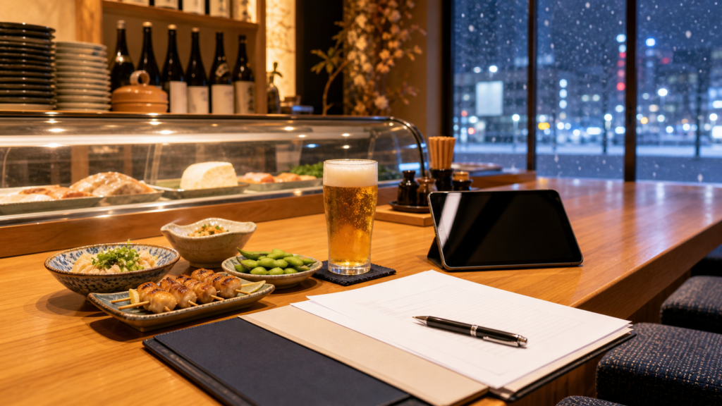 札幌・すすきのの居酒屋カウンターとM&A相談資料をイメージしたアイキャッチ画像