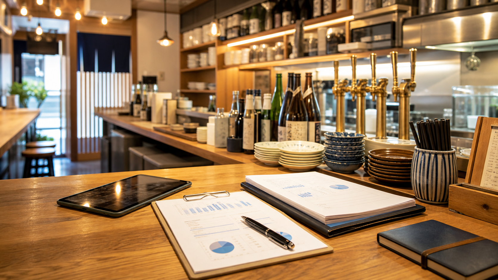 立ち飲み居酒屋のカウンターとM&A相談資料をイメージしたアイキャッチ画像