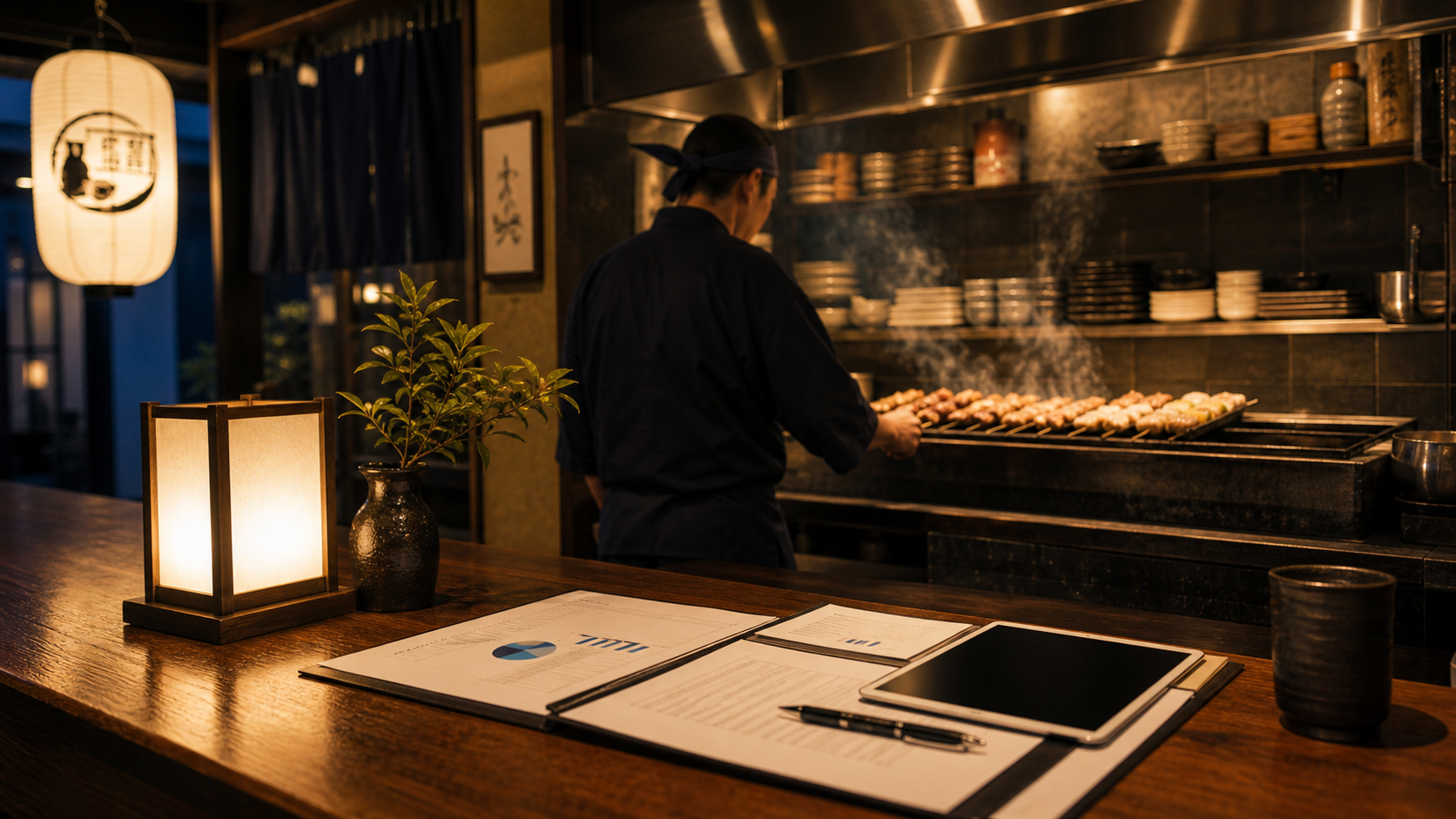 焼鳥店の焼き台とM&A相談資料をイメージしたアイキャッチ画像