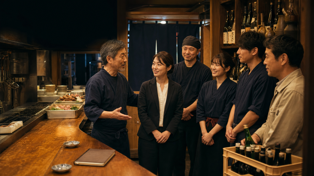 居酒屋M&Aでスタッフ・常連客・仕入先の引き継ぎを整理するイメージ