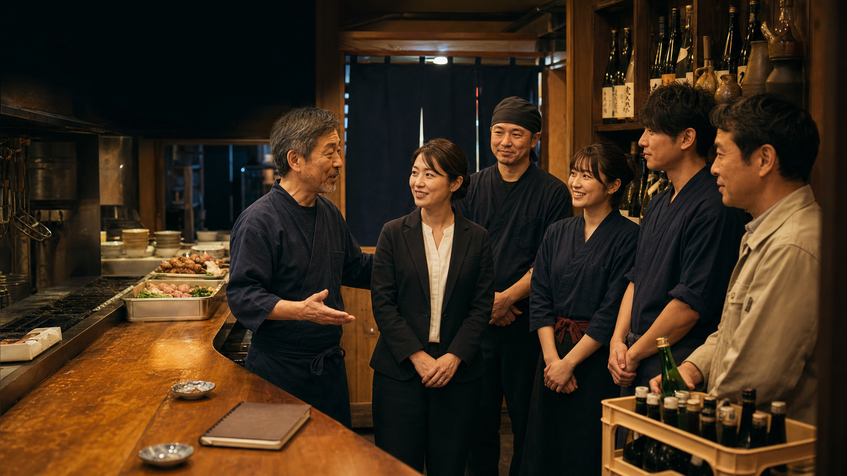 営業前の居酒屋でスタッフに後継者を紹介し、引き継ぎを進める店主