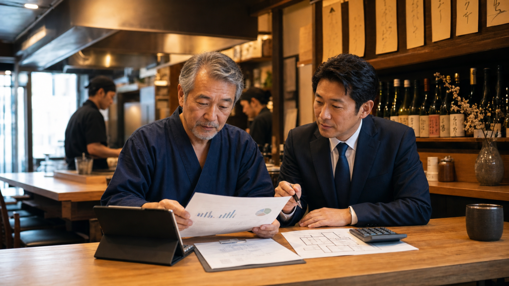 居酒屋M&Aの譲渡価格をFL比率・家賃・厨房設備から検討するイメージ