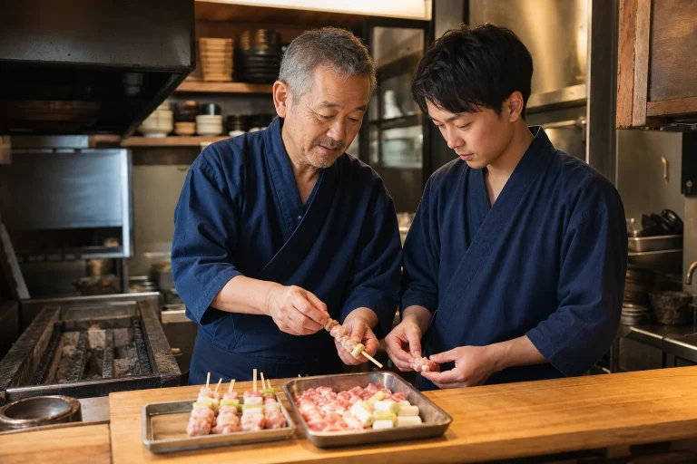 居酒屋の料理人が若手へ焼鳥の仕込みを伝える様子