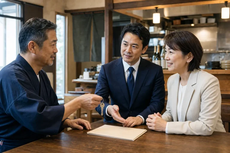 店舗の鍵と資料を囲み、引き継ぎ内容を確認する譲渡企業と買い手とM&Aアドバイザー