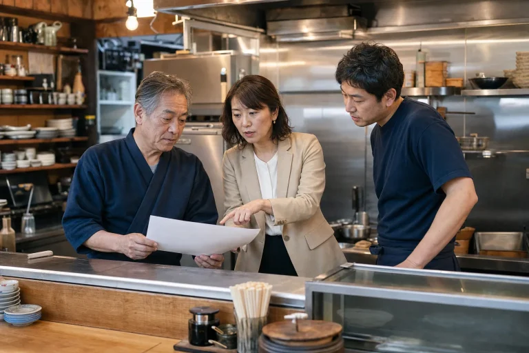 居酒屋の厨房で設備や運営資料を確認する店主とスタッフとM&Aアドバイザー