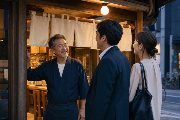 夕方の居酒屋の店先で来店客を笑顔で迎える店主