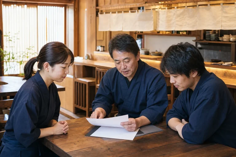 居酒屋の店主とスタッフが開店前に引き継ぎ事項を確認する様子
