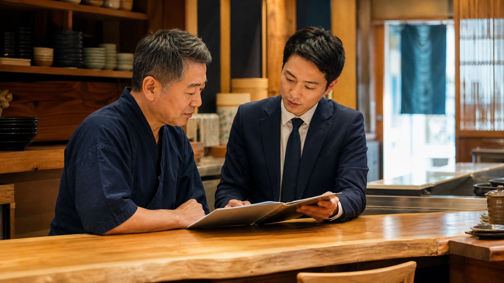 居酒屋のカウンターで事業承継について話し合う店主とM&Aアドバイザー