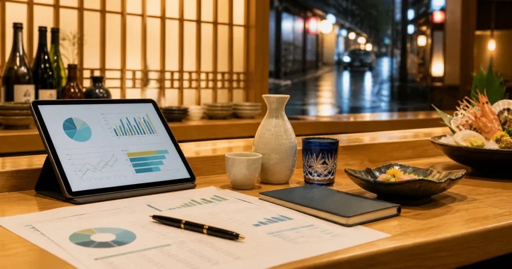 金沢・片町の居酒屋カウンターでM&A資料とタブレットを整理するイメージ