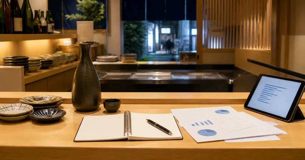 仙台・国分町の居酒屋カウンターでM&A資料とタブレットを整理するイメージ
